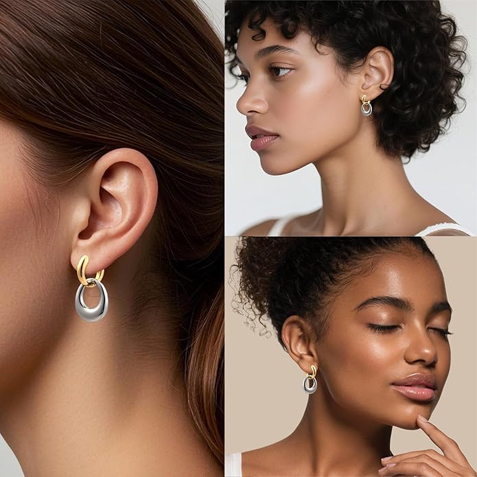 14K Gold Plated and Silver Hoop Earrings for Women Two Tone Mixed Metal Huggie Hoop Earrings for Daily