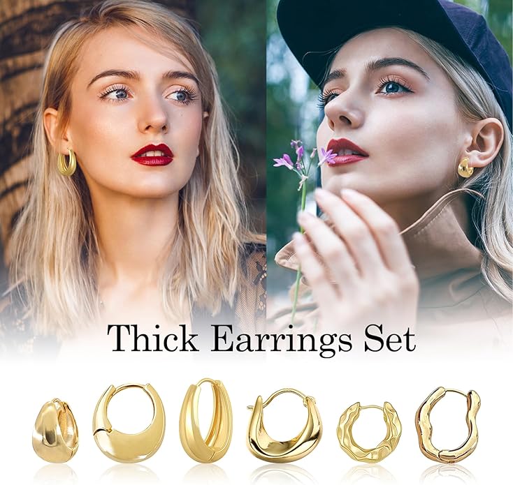 6 Pairs Gold Hoop Earrings Set for Women, 14K Gold Plated Huggie Chunky Earring Variety Pack, Hypoallergenic Thick Jewelry Gift