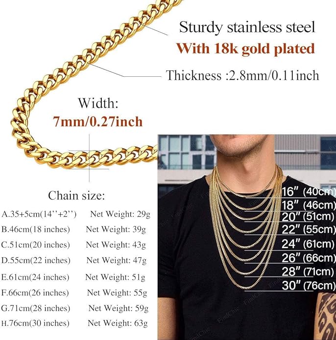 FindChic Men Curb Chain Necklace 18K Gold Plated/Stainless Steel/Black Chunky Double Tight Cuban Link Hip Hop Neck Chains for Men Boys 3.5MM/5MM/6MM/7MM/9MM/12MM 14''-30'' 8 Length Options (Send Gift Box)