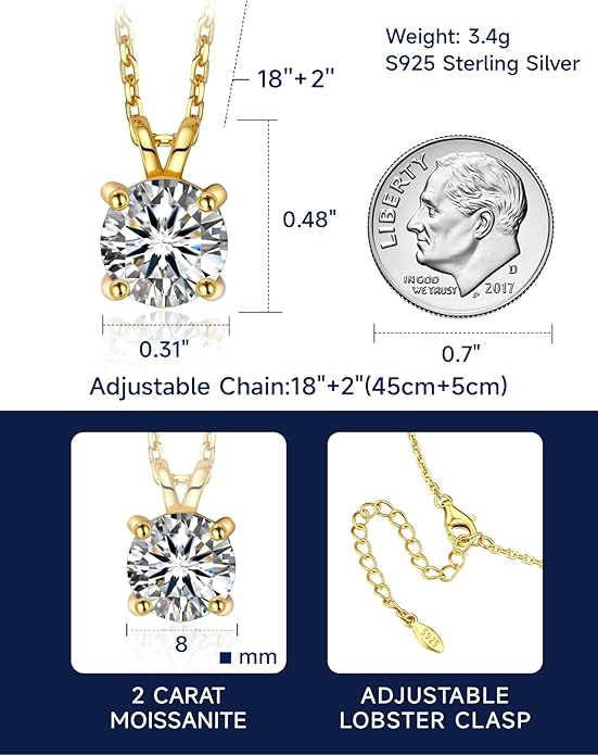 MomentWish Moissanite Solitaire Pendant Necklaces for Women Sterling Silver 0.3/0.5/1/2-Carat D Color VVS1 Clarity Mossanite Jewelry for Women