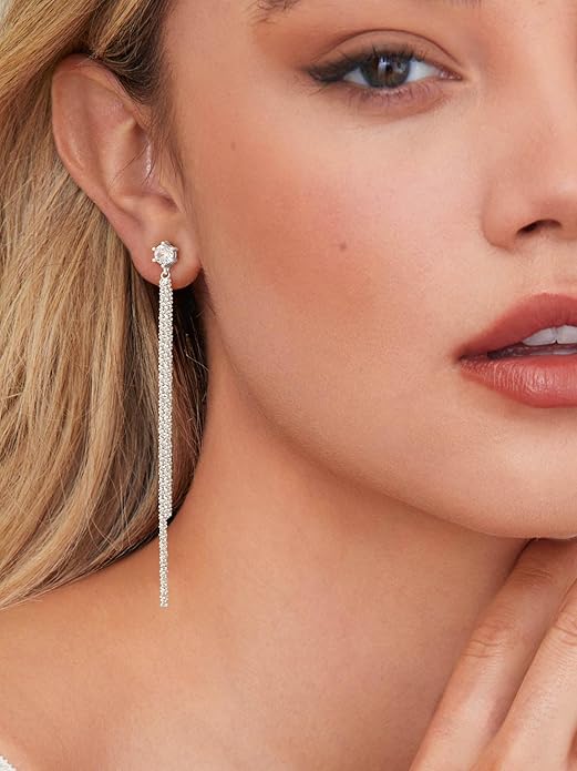 Moodear Dangle Earrings 14K Gold Plated Chain Earrings for Women Trendy Dainty Hypoallergenic Long Chain Drop Tassel CZ/Pearl Earrings Wedding Jewelry Gift