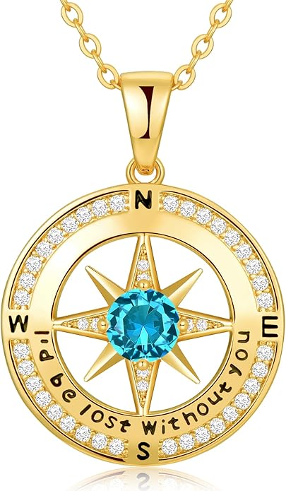 Zifeel Compass Necklace Gifts for Women wife - S925 Sterling Silver Birthstone Necklaces for Women - Anniversary Birthday Gifts for Her Wife Girlfriend - Valentines Mom Mothers Day Christmas Gifts Jewelry for Women