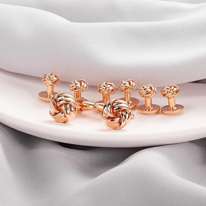 HAWSON Knot Cufflinks and Shirt Studs for Men in Gold or Silver Tone, Matching with White and Black Tuxedo, Suitable for Wedding Day or Formal Occasion.