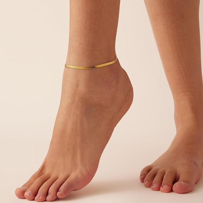 Ankle Bracelets for Women Dainty 18K Gold Plated Anklet Waterproof Round Beaded Paperclip Herringbone Pearl Chain Anklets Waterproof Beach Foot Jewelry