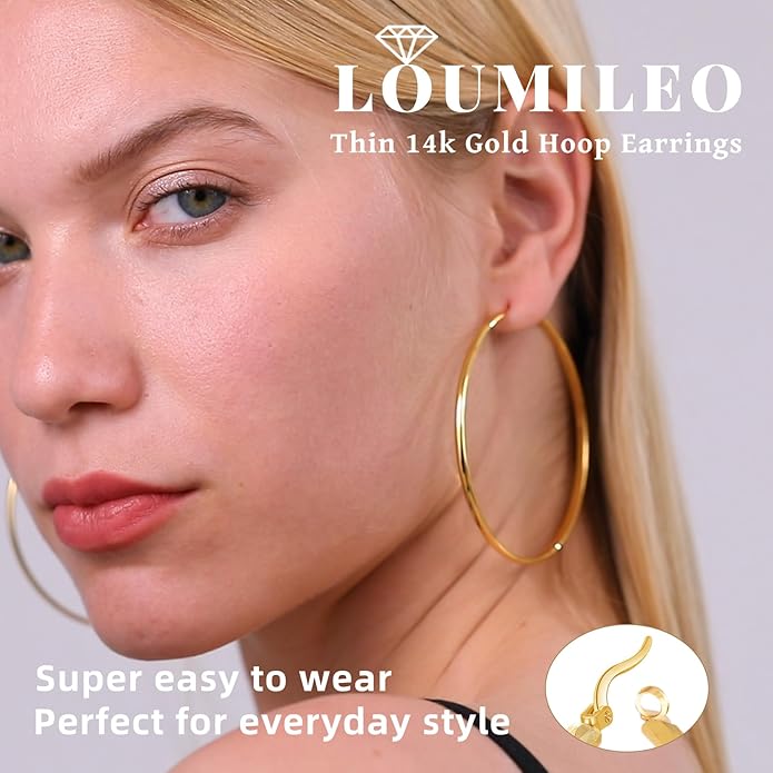 LOUMILEO 2mm Thin 925 Sterling Silver & 14k Gold Plated Hoop Earrings Large Silver Hoop Earrings Hypoallergenic Lightweight Hoops Earrings for Women 30/40/50/65MM