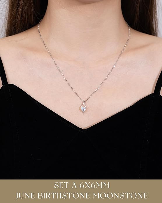FANCIME 14K Solid White Gold Birthstone Necklace Genuine or Created 6mm Heart Gemstone Pendant with Lab Grow Diamonds Sterling Silver Chain Fine Jewelry Anniversary Birthday Gifts for Women 16" + 2"