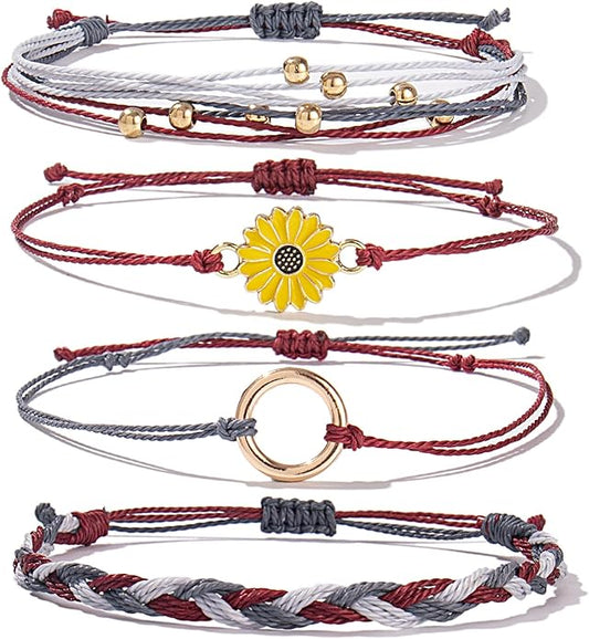 FANCY SHINY Sunflower String Bracelet Boho Braided Rope Wrap Bracelets Cute Summer Beach Surfer Jewelry for Women
