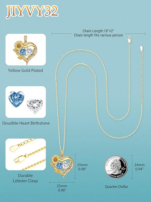 Sunflower Heart Necklace for Women 14K Gold Exquisite Anniversary Birthday Gifts for Wife Mother Her Double Birthstone Pendant jewelry‘You Are My Sunshine’