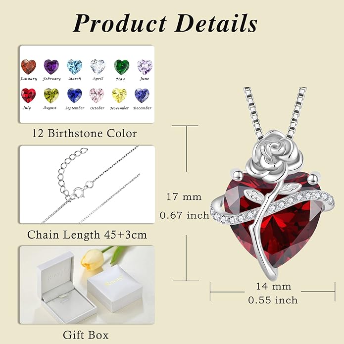 Birthstone Necklace for Women 925 Sterling Silver Love Heart Rose Flower Necklace Dainty Jewelry Gifts for Women Wife Girlfriend Mother Daughter Her