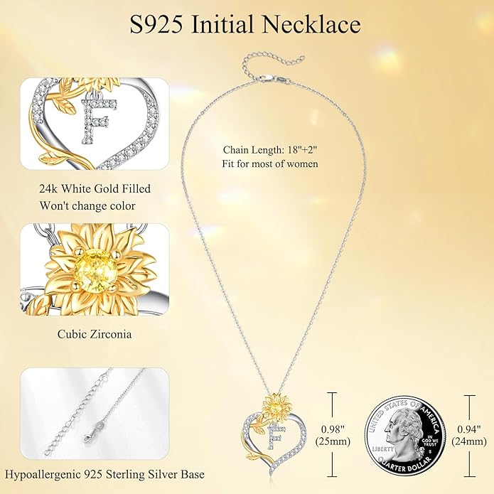 AENEAS Sunflower Initial Necklace for Women Gold Plated Sterling Silver Letter Heart Pendant Jewelry Gift for Mom Wife Birthday Anniversary Christmas
