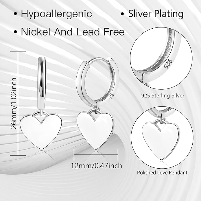 925 Sterling Silver Heart Dangle Earrings for Women Silver Dangle Leverback Earrings Hypoallergenic Love Heart Dangle Drop Earrings for Jewelry Gifts