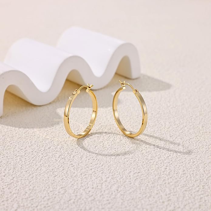 Gacimy Flatted Hoop Earrings for Women 14K Gold Plated with 925 Sterling Silver Post