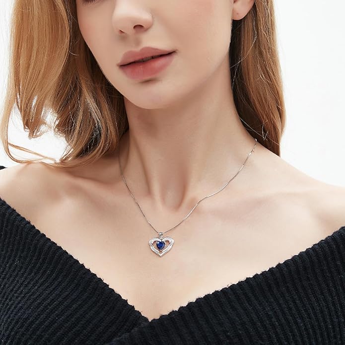 Heart Necklaces Valentine's Gift for Women, Birthstone 925 Sterling Silver Angel Wings Love Pendant Necklaces for Women, Jewelry Gifts for Wife, Anniversary, Mother's day