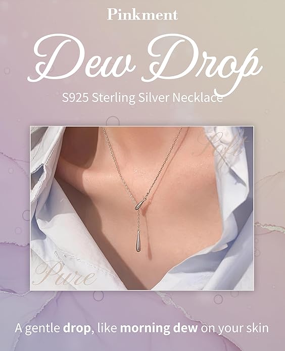 Dew-drop Lariat Y-Shaped Silver Necklace for Women, 925 Sterling Silver, Non Tarnish, Trendy, Simple Drop Dangle Charm Chain Jewelry Gift for Women