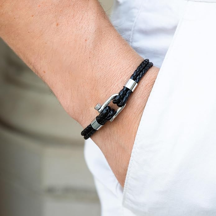 Elegatto Helix Premium Vintage Leather Bracelet for Men | Double Black Leather Strands with Sterling Silver Polished Mini Shackle Closure | Men’s Designer Jewelry