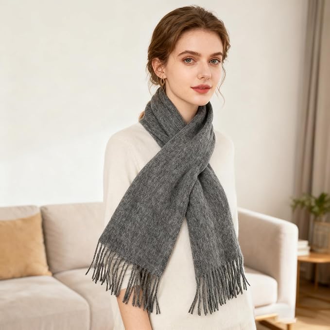 WASALUYA Wool Scarf for Women & Men, 100% Wool Scarves Wrap Shawl with Tassels, Elegant Soft Winter Scarf for Fall and Winter