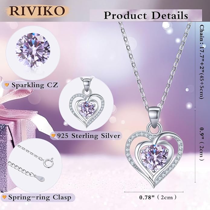 RIVIKO Heart Birthstone Pendant Necklace for Women 925 Sterling Silver Zirconia Necklaces Wedding Anniversary Birthday Mothers Day Jewelry Gifts For Her Mother Wife