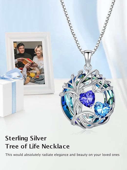 TOUPOP s925 Sterling Silver Family Celtic Tree of Life Pendant Necklaces with 2 Heart Birthstone with Blue Austrian Crystal Jewelry Birthday Anniversary Christmas Gifts for Her Wife Girlfriend Mom (18K Real White Gold Filled)