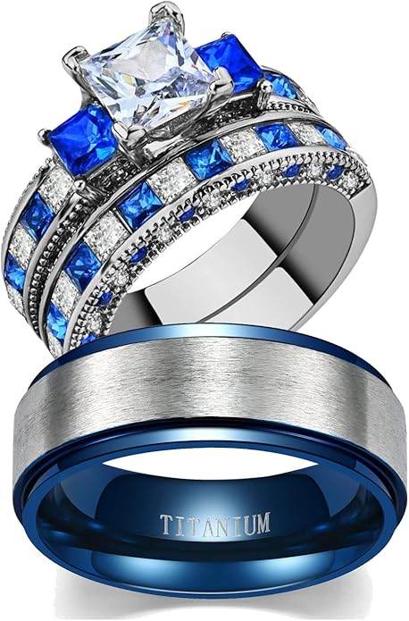 TWO RINGS Wedding Ring Sets His And Hers Promise Ring Couples Bridal Sets Women 925 Sterling Silver square Cz Man Stainless Steel Brushed Finished Wedding Bands