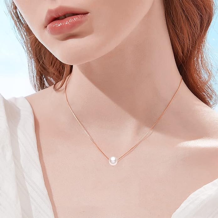 14K Yellow Gold Pearl Necklace for Women, Real Gold Durable Box Chain with Single Cultured Pearl Pendant Necklace Anniversary Birthday Gift for Her, Wife, Mother, Girl 18 Inch