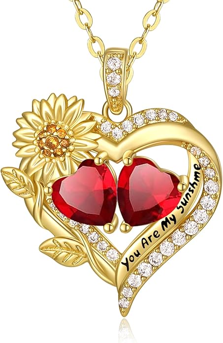 Sunflower Heart Necklace for Women 14K Gold Exquisite Anniversary Birthday Gifts for Wife Mother Her Double Birthstone Pendant jewelry‘You Are My Sunshine’