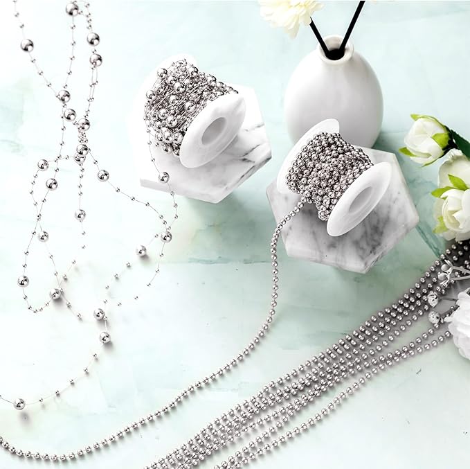Bonuci 3 Rolls 66 Feet Pearls String Garland Faux Pearl Garland Spool Roll Strand Decoration Artificial Beads Chain Trim for Crafting String of Flowers Valentine Wedding Party(Silver,4mm)