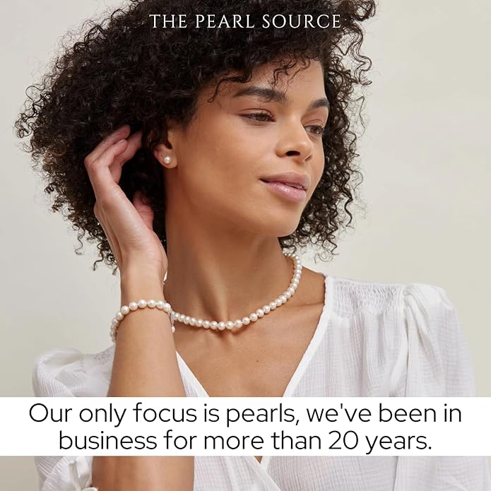 The Pearl Source Real Pearl Necklace for Women with AAA+ Quality Round White Freshwater Genuine Cultured Pearls | Pearl Strand with 14K Gold Plated Sterling Silver Clasp