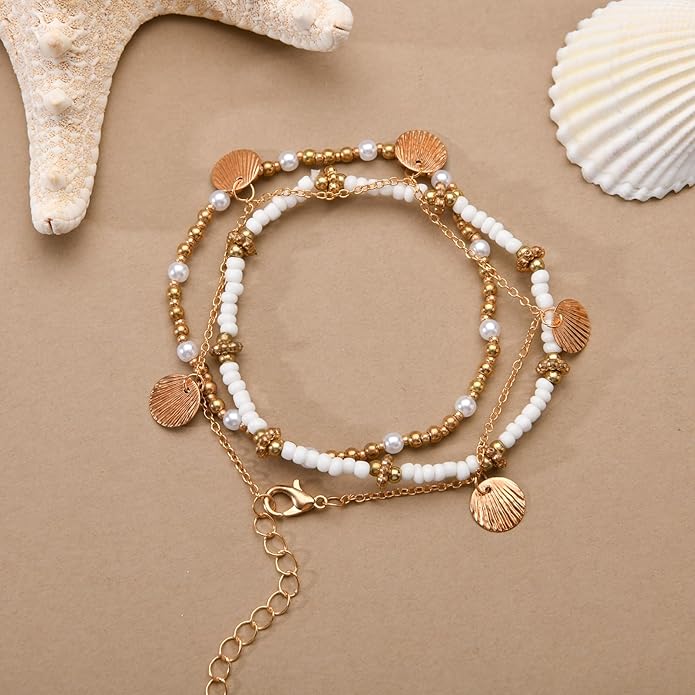 Bead Ankle Bracelets for Women Waterproof Adjustable Boho Shell Anklet Summer Beach Seashell Conch Foot Jewelry Accessories