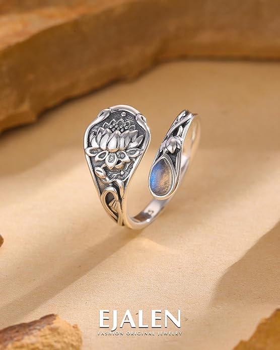 S925-Sterling-Silver Abalone Dragonfly-Turquoise Spoon Ring - Vintage Boho Sunflower Thumb Oxidized Wrap Rings Victorian Style Antique Floral Jewelry Gifts for Women