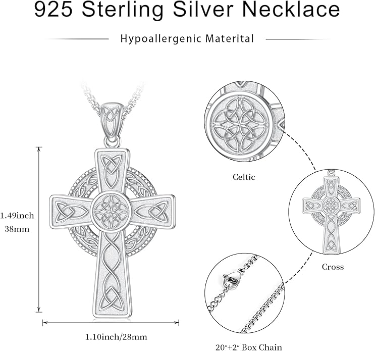 Midir&Etain Celtic Cross Necklace 925 Sterling Silver Cross Pendant Necklace Celtic Viking Irish Jewelry Religious Protective Gift for Men Women