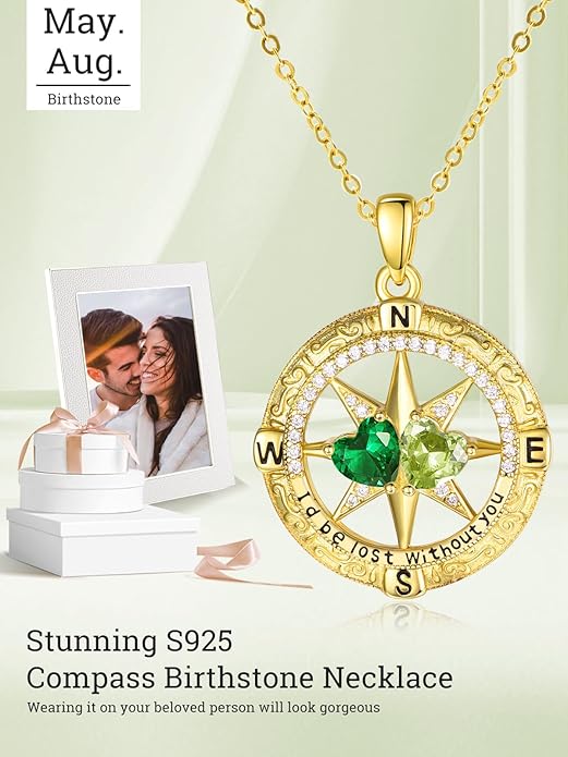 Zeuslia Double Birthstone Necklace Gifts for Wife - 925 Sterling Silver Sunflower/Rose/Crown Cross/Compass/Heart Pendant I Love You Necklace, Anniversary Birthday Gifts for Wife Girlfriend Mom Her