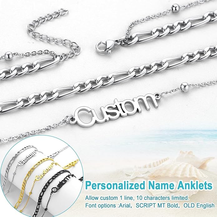 U7 Custom Layered Ankle Bracelets for Women Stainless Steel Bead/Cuban/Figaro/Rope/Wheat Chain Anklet Waterproof Anklet Jewelry for Beach Vacation