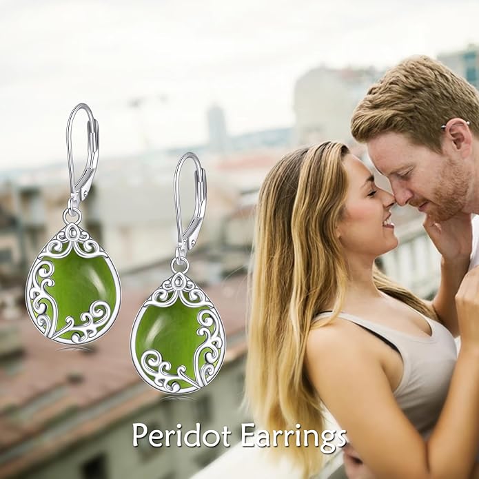 Filigree Earrings Sterling Silver Teardrop Moonstone Moss Agate Lapis Lazuli Larimar Emerald Peridot Opal Dangle Dangly Drop Leverback Earrings Boho Jewelry Gifts for Women