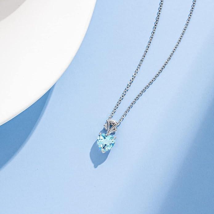 AGVANA Christmas Gifts 14K White Gold Gemstone Pendant with Sterling Silver Chain 8mm Heart Birthstone Necklace for Women Fine Jewelry Anniversary Birthday Gifts for Women Mom Wife Girlfriend Her