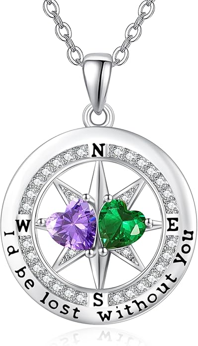 JIYVY32 Compass Birthstones Necklace for Women, Exquisite S925 Necklace Anniversary Birthday Gifts for Wife Her Double Birthstone Pendant jewelry ‘I'd be Lost Without You’