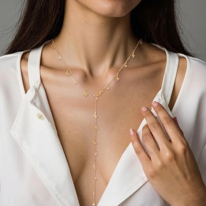 Irregular Y2k Long Y-shaped Necklace with Zircon Inlaid Sparkling Brick Tassel Pendant Double-Layer Chain High-end Fashion Accessory Women's