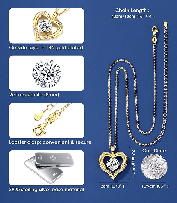 Beam & Bask 2-3 Ct Moissanite Heart Necklaces for Women, 18K Gold Plated Romantic Pendant for Anniversary Birthday, 925 Sterling Silver Jewelry for Wife Girlfriend Mom Her