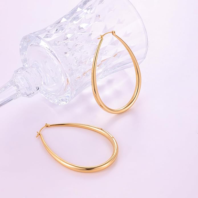 Gacimy Chunky Hoop Earrings for Women, 14K Gold Plated Oval Hoop Earrings with 925 Sterling Silver Post