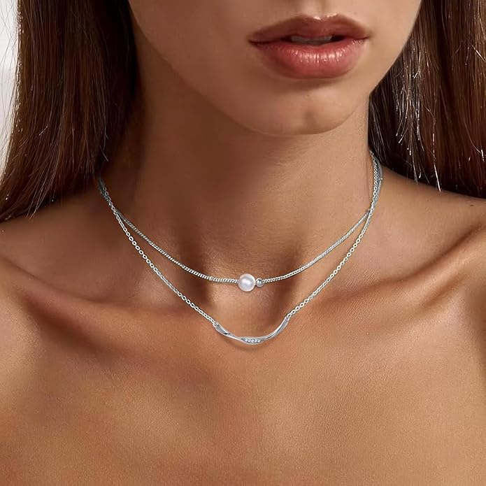 Copper Alloy 14K Gold Plated | 14K Platinum Plated Necklace for Women Double Layer Pendant Necklace Fashionable Multi-Layer Jewelry