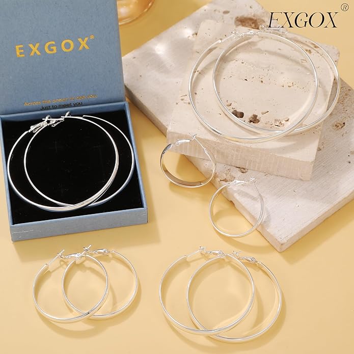 EXGOX 5mm Wide Gold Hoop Earrings for Women,Sterling Silver Hoop Earrings Large Silver Hoop Earrings Hypoallergenic Lightweight 14K Real Gold Plated Big Hoop Earrings for Women 30/40/50/60/70mm