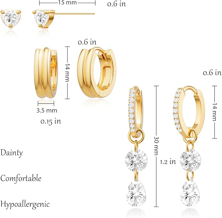 3 Pairs Earrings Set for Multiple Piercings, Gold Plated Studs Hoop Earrings Stack, CZ Dangle Earrings Set, Hypoallergenic for Sensitive Ears, Women's Gift