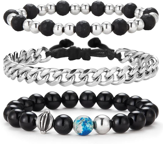 3pc Mens Beaded Bracelets Silver Stainless Steel Chain Bracelet for Men Handmade Braided Bracelet Sets Jewelry Gifts for Men