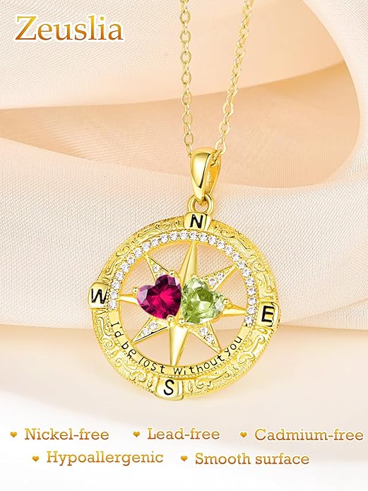 Zeuslia Double Birthstone Necklace Gifts for Wife - 925 Sterling Silver Sunflower/Rose/Crown Cross/Compass/Heart Pendant I Love You Necklace, Anniversary Birthday Gifts for Wife Girlfriend Mom Her