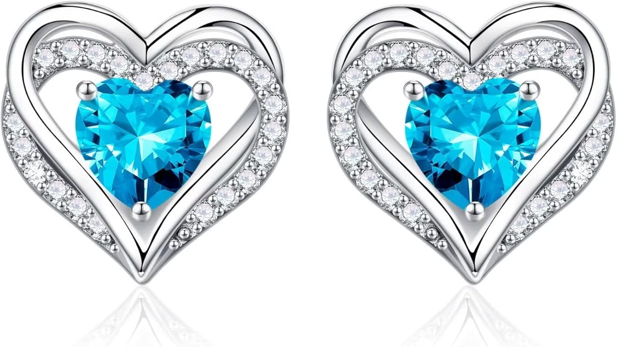 Iefil Birthstone Earrings for Women, 925 Sterling Silver Heart Stud Earrings Birthday Gifts for Women