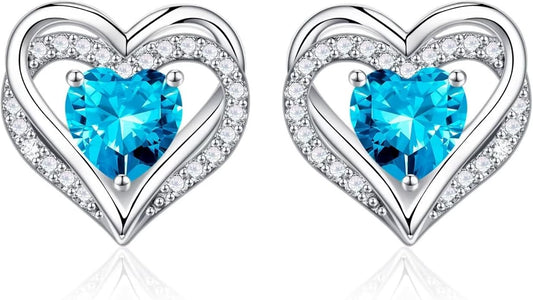 Iefil Birthstone Earrings for Women, 925 Sterling Silver Heart Stud Earrings Birthday Gifts for Women