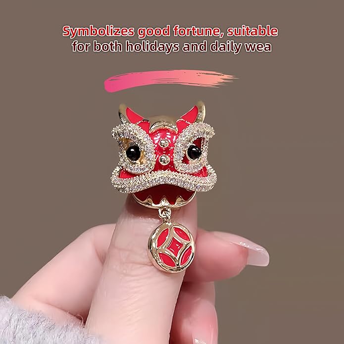 Chinese Lion Dance Brooch, Vintage Enamel Floral & Cat Eye Pearl Adjustable Lapel Pin for Women & Men – Traditional Asian Style Awakening Lion Brooch for Jacket, Blazer, Scarf, Qipao, Wedding, Festival Gift (Gold/Red/Blue)