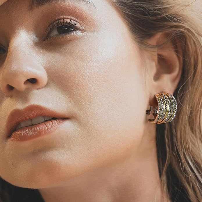 Two Tone Earrings for Women Gold and Silver Crossover Half Hoop Statement Earring Designer Stud Earrings