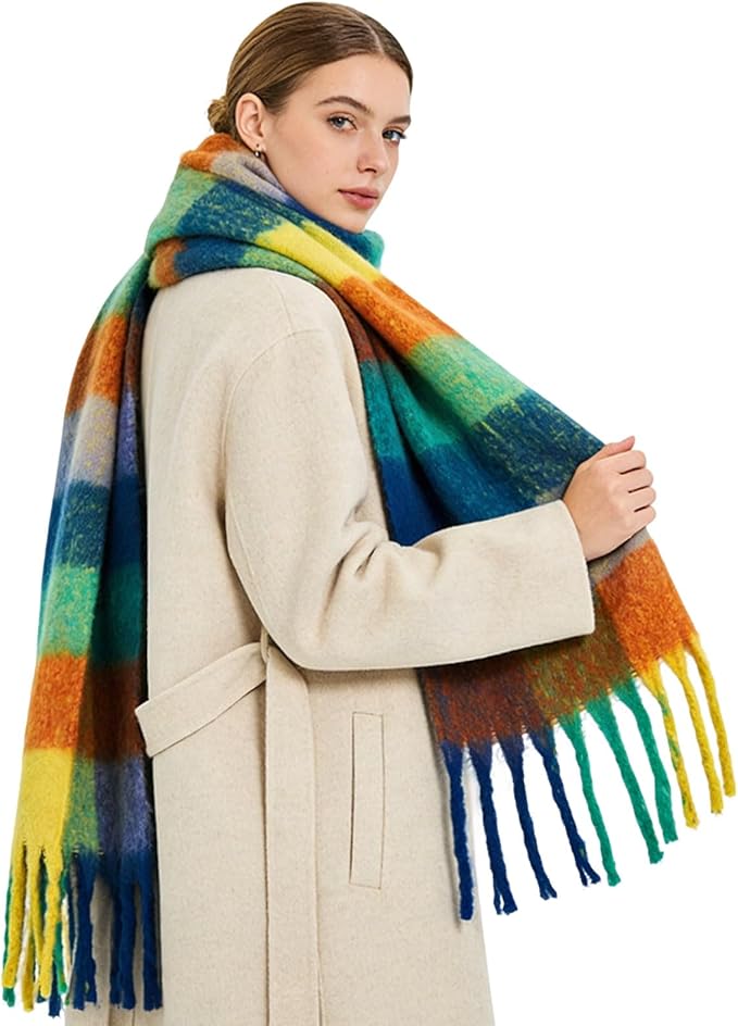 SHOHOKU Large Chunky Plaid Scarf Coloured Checked Oversized Scarf Tassel Soft Fall Winter Thick Warm Shawl Women