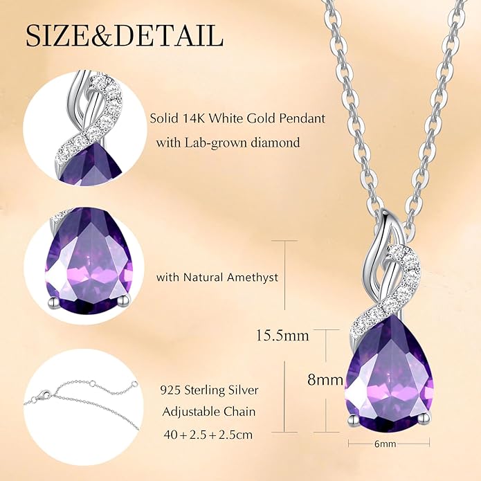 FANCIME 14K Solid White Gold Teardrop Pendant with Diamond Birthstone Necklace