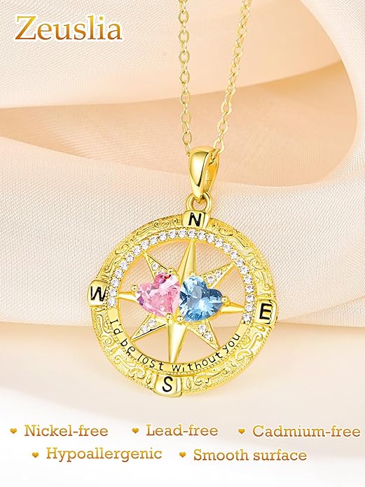 Zeuslia Double Birthstone Necklace Gifts for Wife - 925 Sterling Silver Sunflower/Rose/Crown Cross/Compass/Heart Pendant I Love You Necklace, Anniversary Birthday Gifts for Wife Girlfriend Mom Her